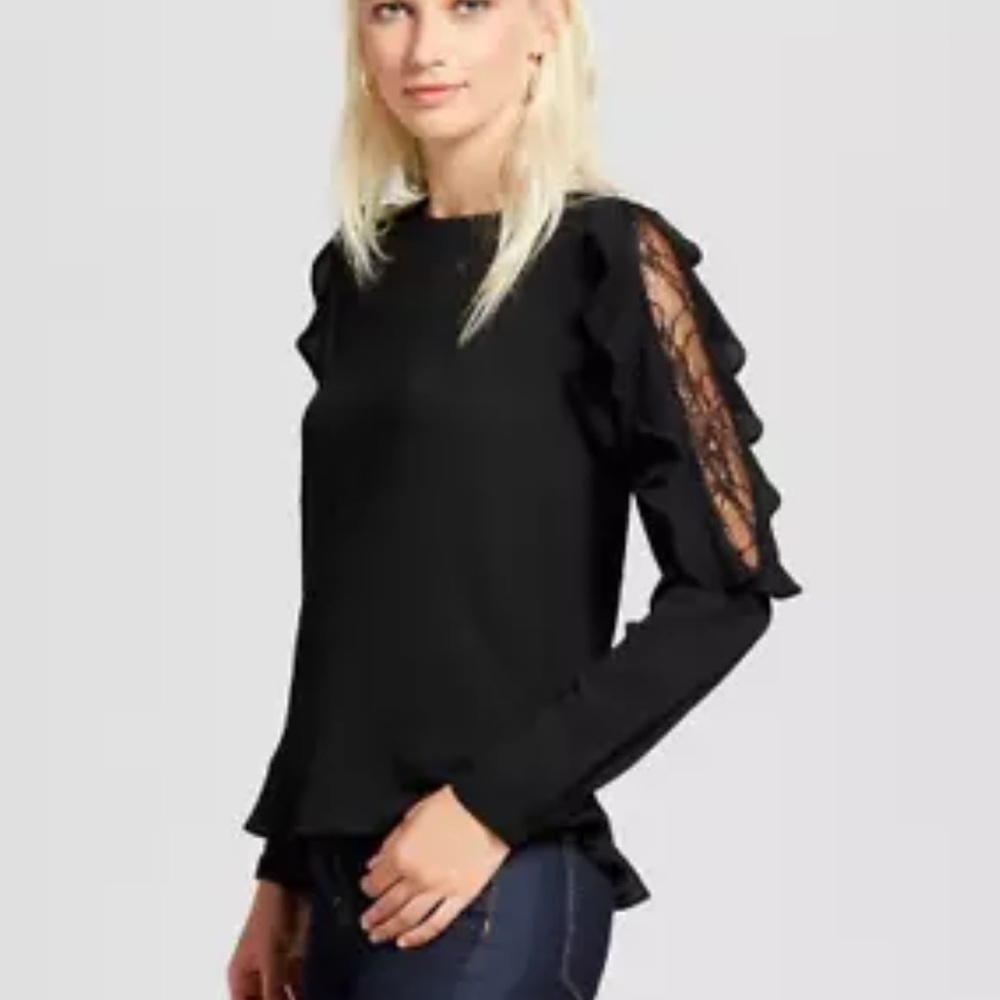 ALISON ANDREWS BLACK BLOUSE TOP WITH LACE AND RUFFLE SLEEVES